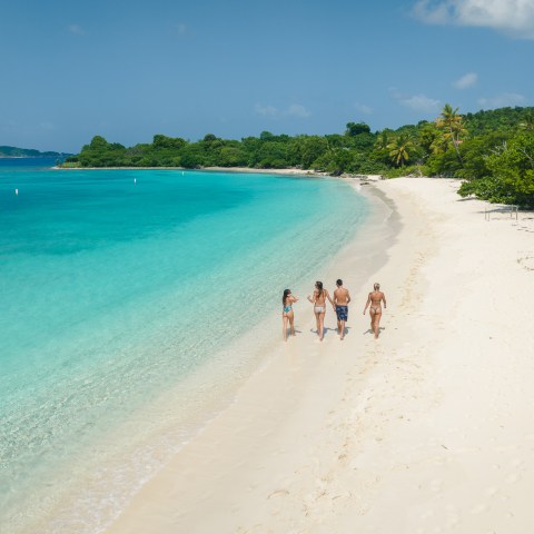 a group of people on a beach near a body of water